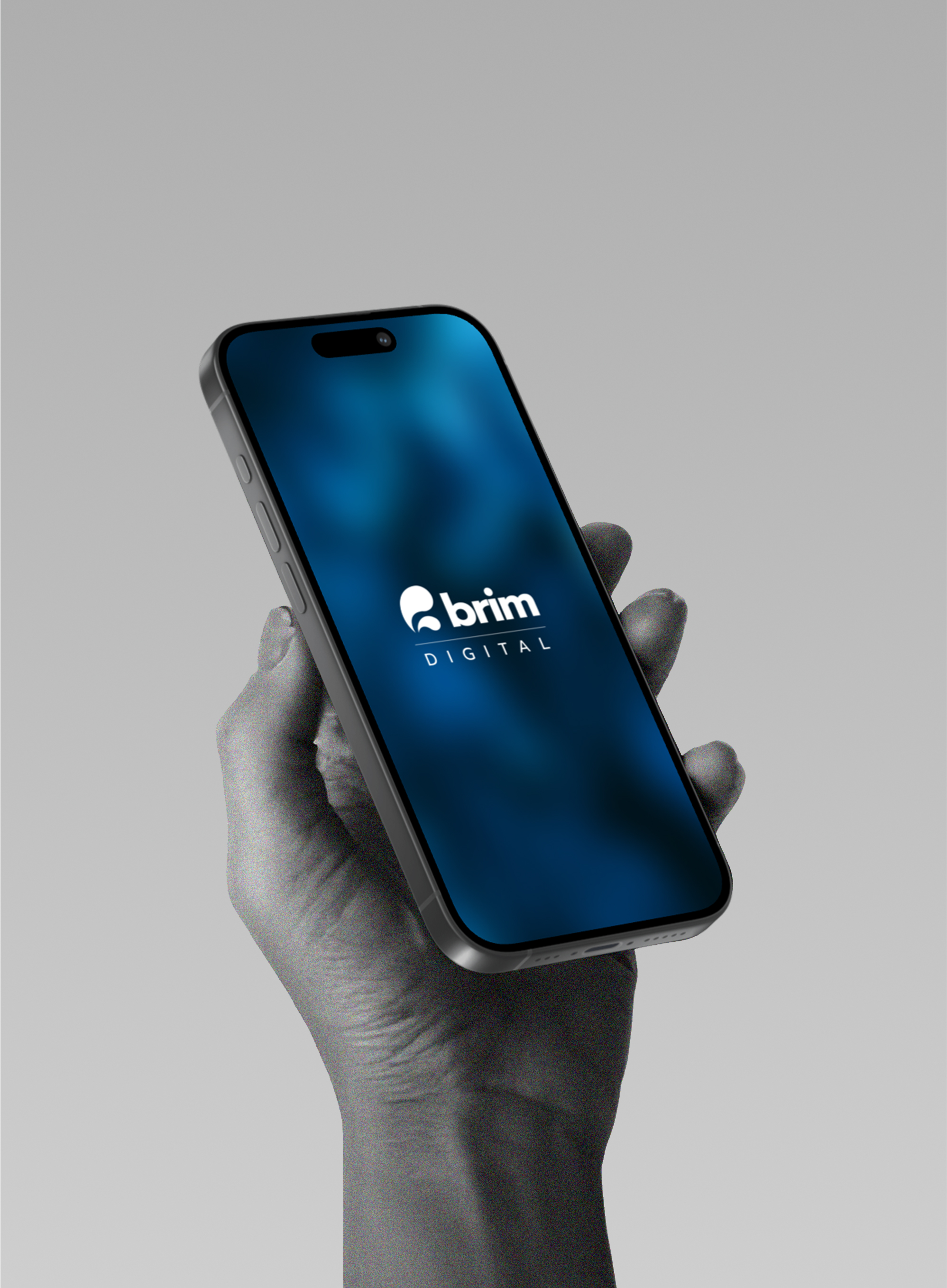 Hand Holding a phone with Brim Logo displayed on the screen